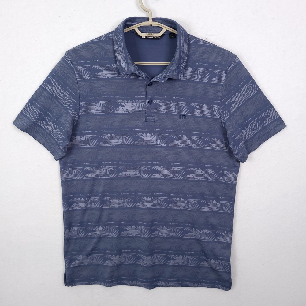 Travis Mathew Polo Shirt Mens XL Blue Graphic Stripe Palm Tree  Golf